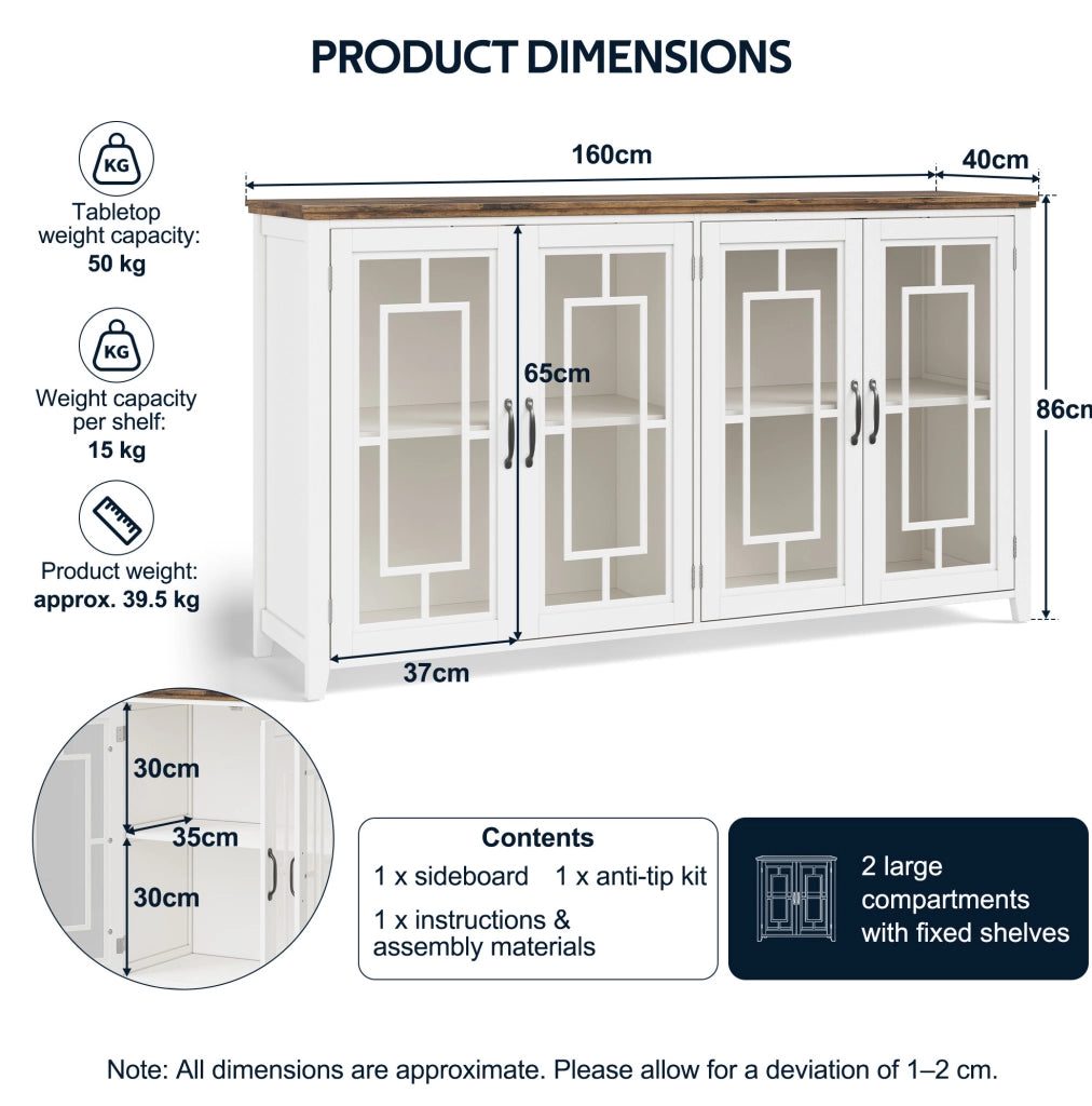 Sideboard cucina 160 cm con ante in vetro; MDF; bianco