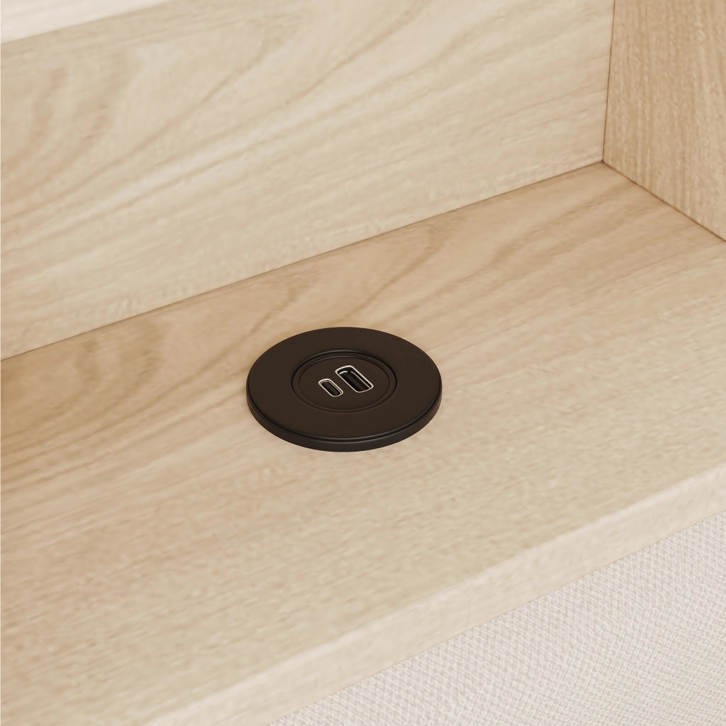 Letto singolo 90x200 cm beige con contenitore idraulico; LED dimmerabile e mensole