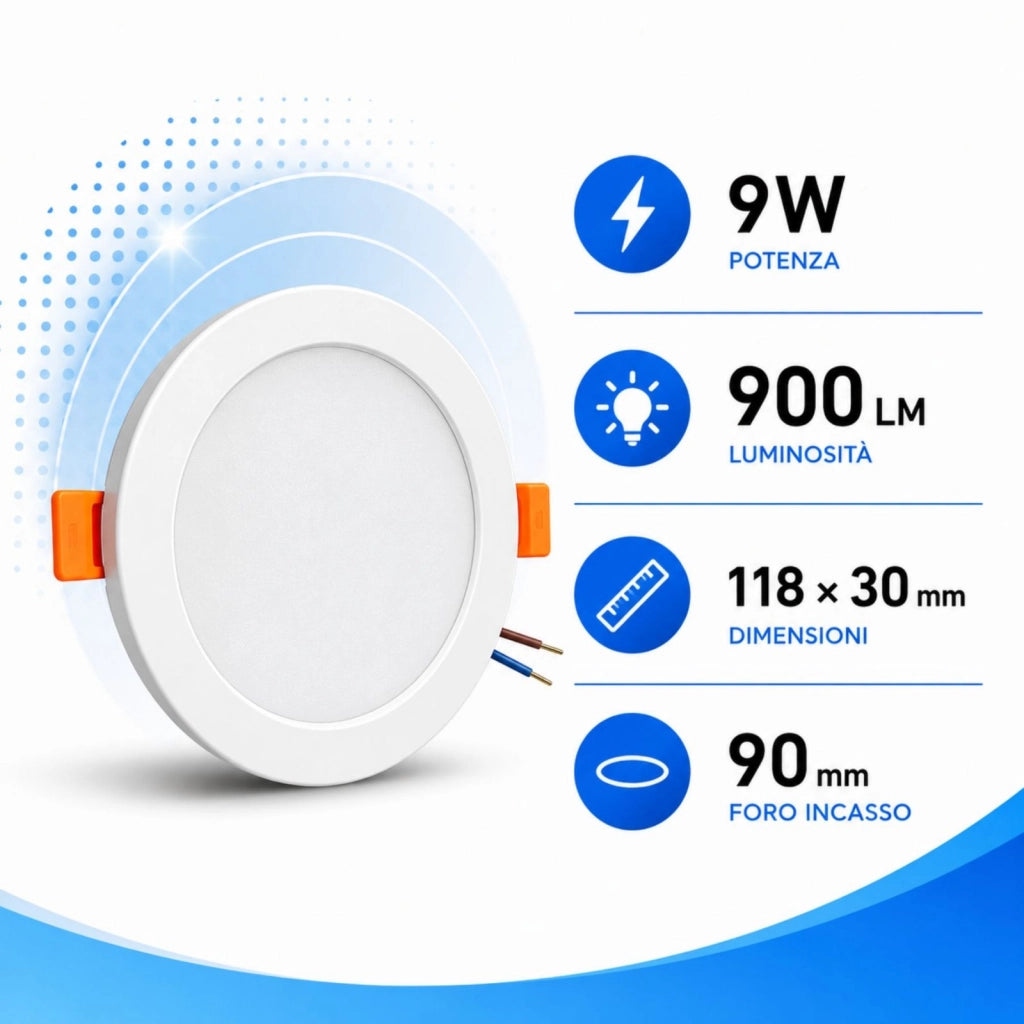 Faretto Led da Incasso CCT 9W 900lm, D118X30mm, Foro 90mm, 3 Colori 3000K 4200K 6500K Angolo 120° IP20