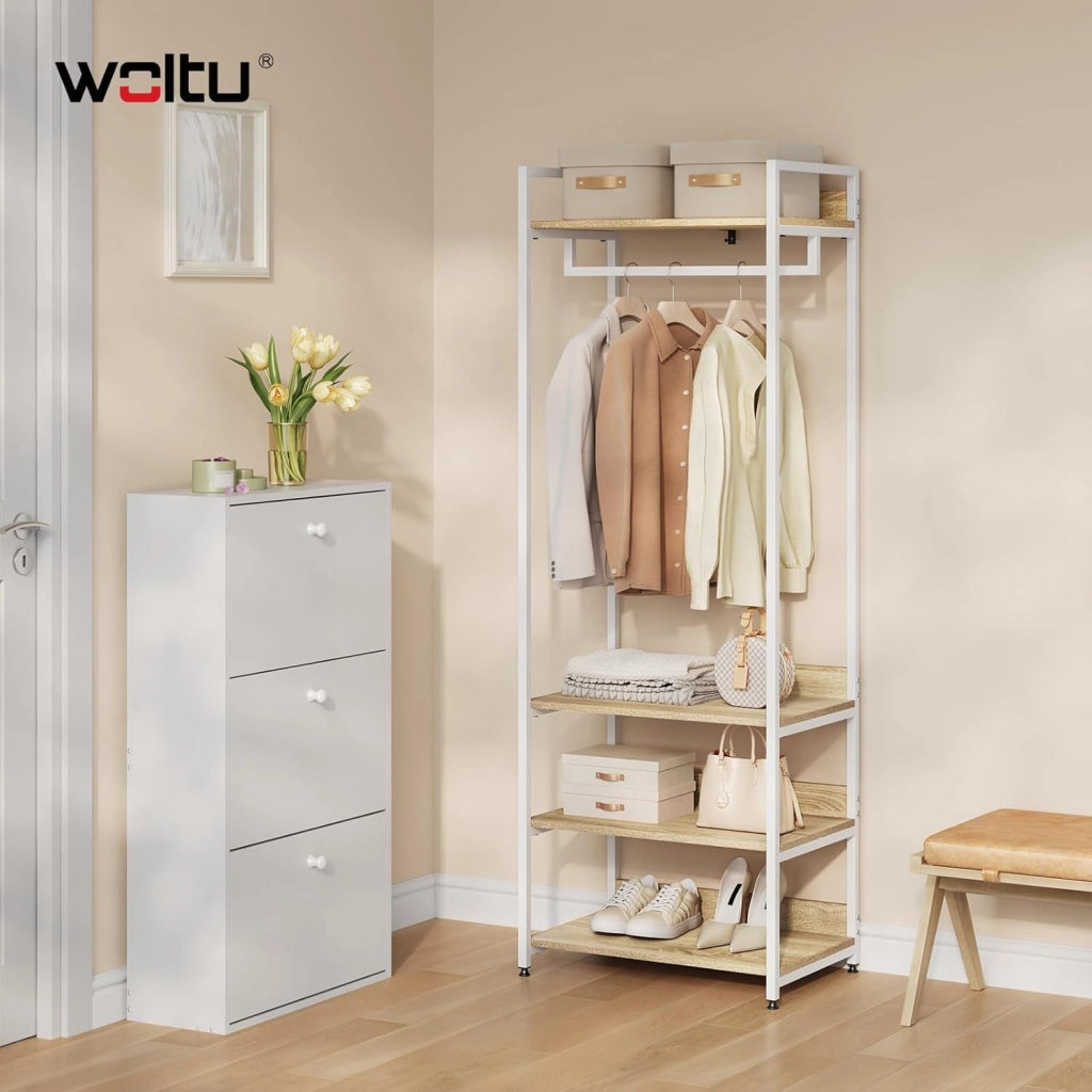 Stand Appendiabiti con Ripiani Attaccapanni per Cameretta Guardaroba con Scarpiera Scaffale Porta Abiti in Legno e Acciaio 60x40x170 cm