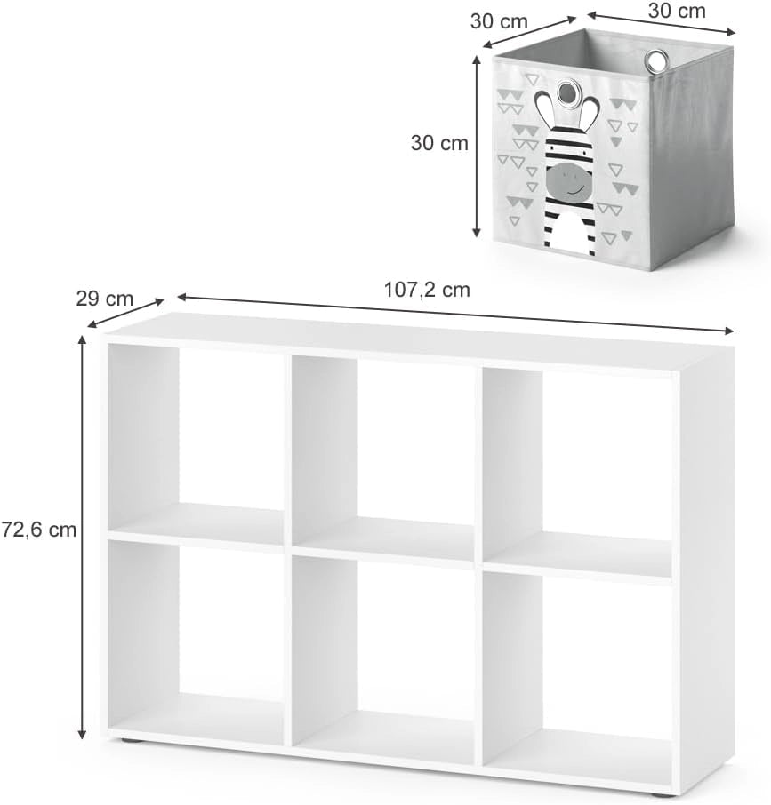Libreria bambini, Bianco, 72 x 107.8 cm con 6 scatole pieghevoli, adatto per riporre giocattoli e libri
