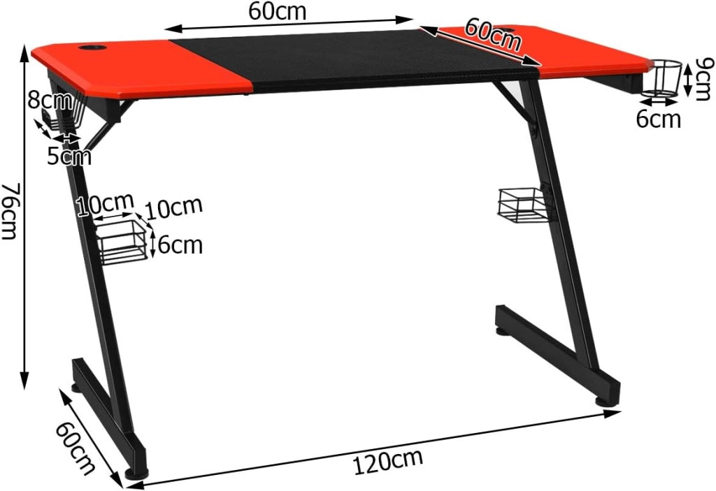Scrivania Gaming a forma di Z, Scrivania Grande 120x60x76 cm, Scrivania da Gioco con Supporto per Bevande, Tavolo per Gaming o Computer, Ergonomica, Nero+Rosso