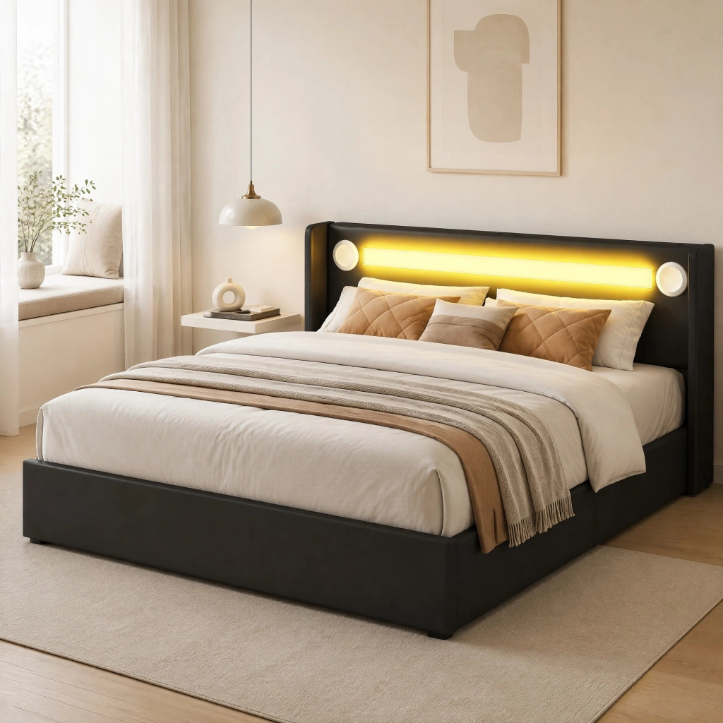 Letto imbottito 160x200 cm in PU nero con LED, Bluetooth, USB e vano contenitore