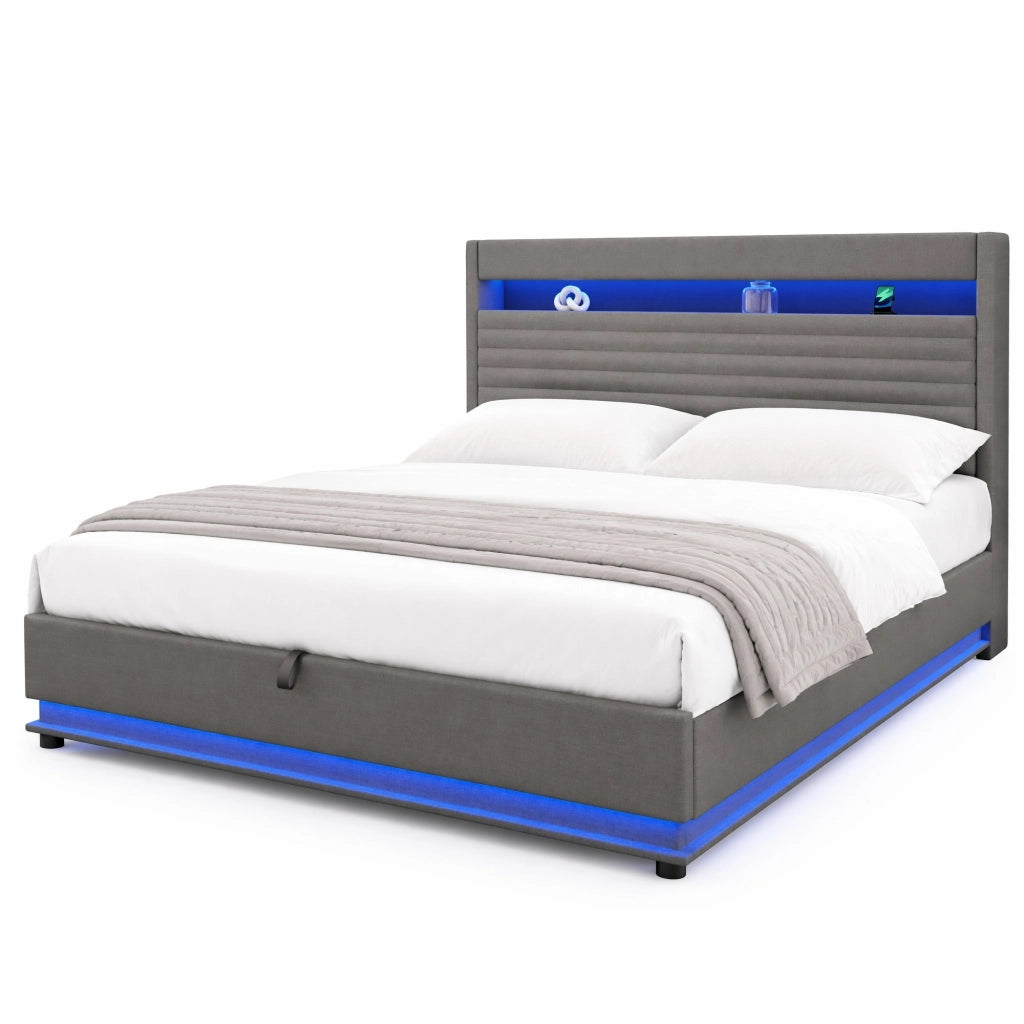 Letto matrimoniale imbottito 180x200 cm con contenitore; LED; USB e USB-C; in lino grigio