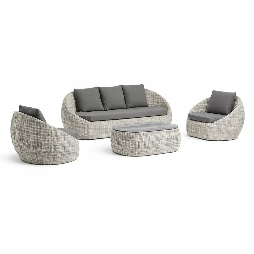 Tempo Style - Salottino Lounge in polyrattan SANTORINI PLUS grigio-mélange | Lounge da giardino con divano, tavolo, 2 poltrone e cuscini | Set di mobili da giardino da 5 persone
