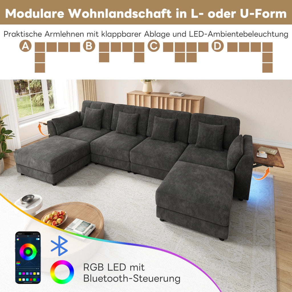 Divano modulare a U e a L a 6 posti in chenille grigio con LED e tavolino ribaltabile sui braccioli 82 × 292 × 135 cm