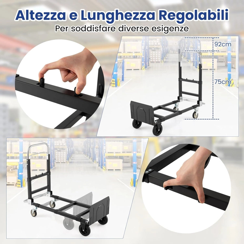 Carrello Pieghevole 3 in 1, Carrello a Mano e Piano Regolabile con Manico Retrattile e Lunghezza Regolabile, Capacità di Carico 272 kg, per Garage, Magazzino