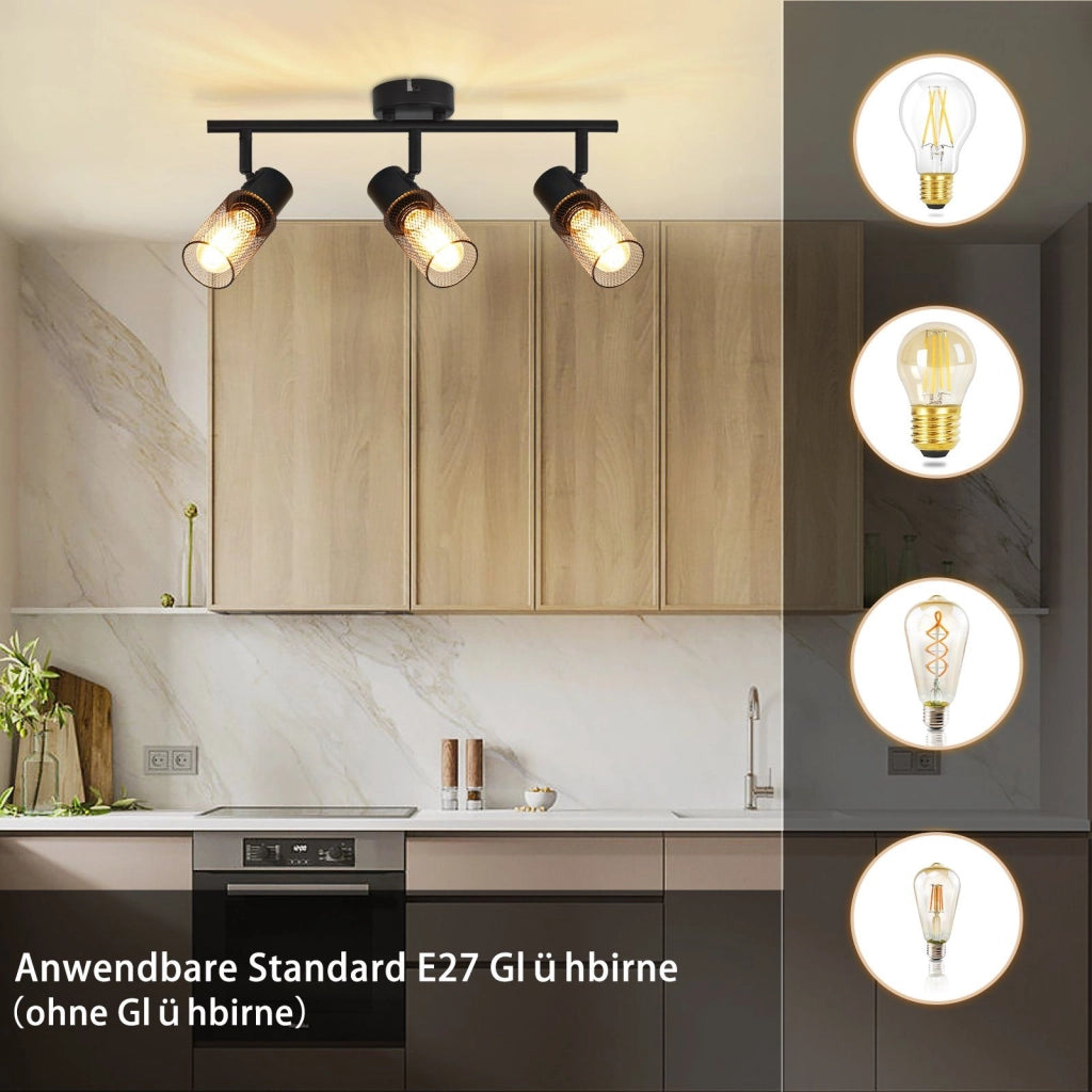 ZMH Faretto da soffitto neri retrò 3 luci E27 rotanti 330° paralume metallo max 25W senza lampadina