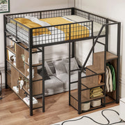 Letto a soppalco 140x200 cm nero con scala contenitore e vani, metallo e legno