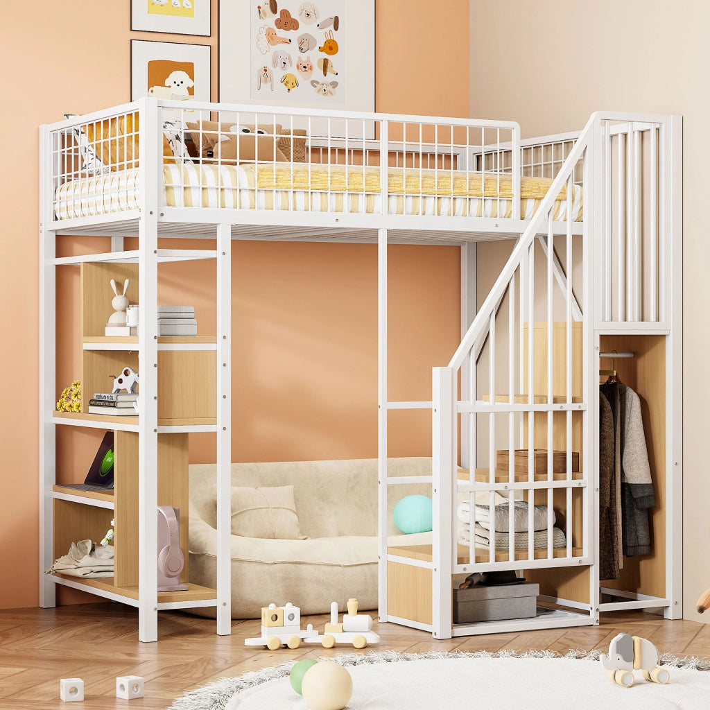 LETTO A PIANO ALTO 90 x 200 cm in metallo e legno, bianco, con scala contenitore