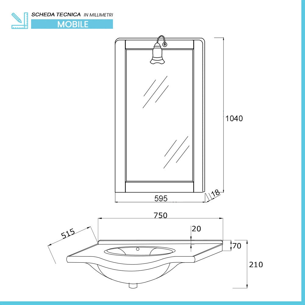 Mobile bagno a terra 75 cm bianco decape con lavabo e specchio Romantica