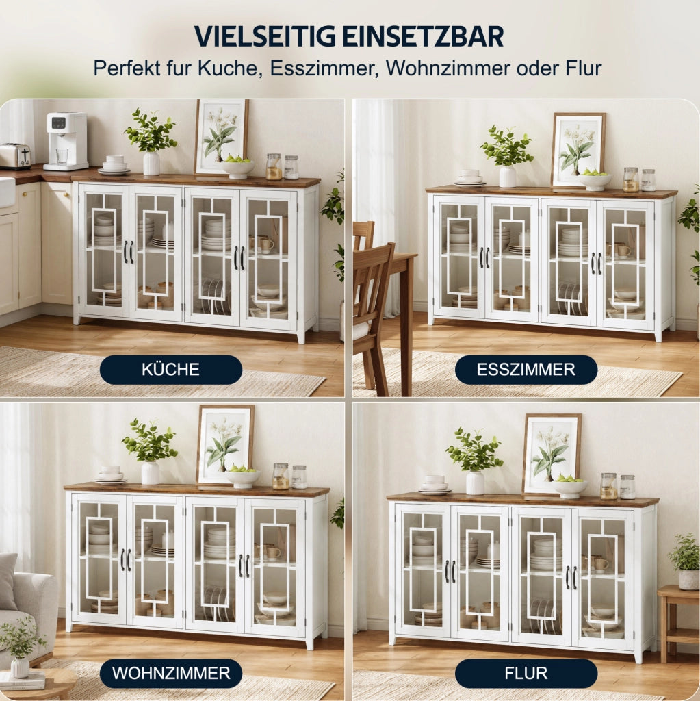 Credenza da cucina 160 cm bianca con ante in vetro e ripiani