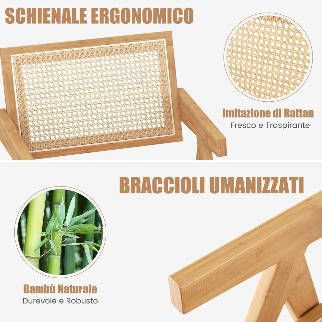 Set di 2 Sedie in Bambù 50 x 52 x 81cm, Sedie da Cucina Moderno con Schienale Ergonomico in Rattan, 4 Piedini in Feltro e Braccioli, Poltrone per Sala da Pranzo, Soggiorno e Ristorante (2)
