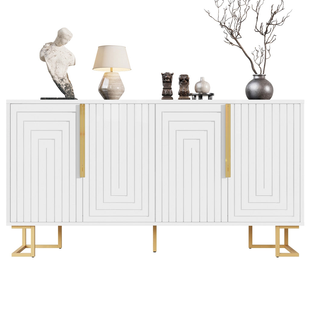 Credenza bianca - Zephmum - 152x40x75 cm - Design geometrico, maniglie e piedi dorati