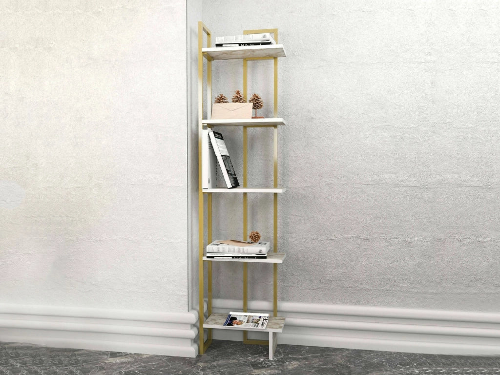 Libreria Giraffa, Scaffale da ufficio, Mobile portalibri, Biblioteca, 45x22h180 cm, Bianco e Oro