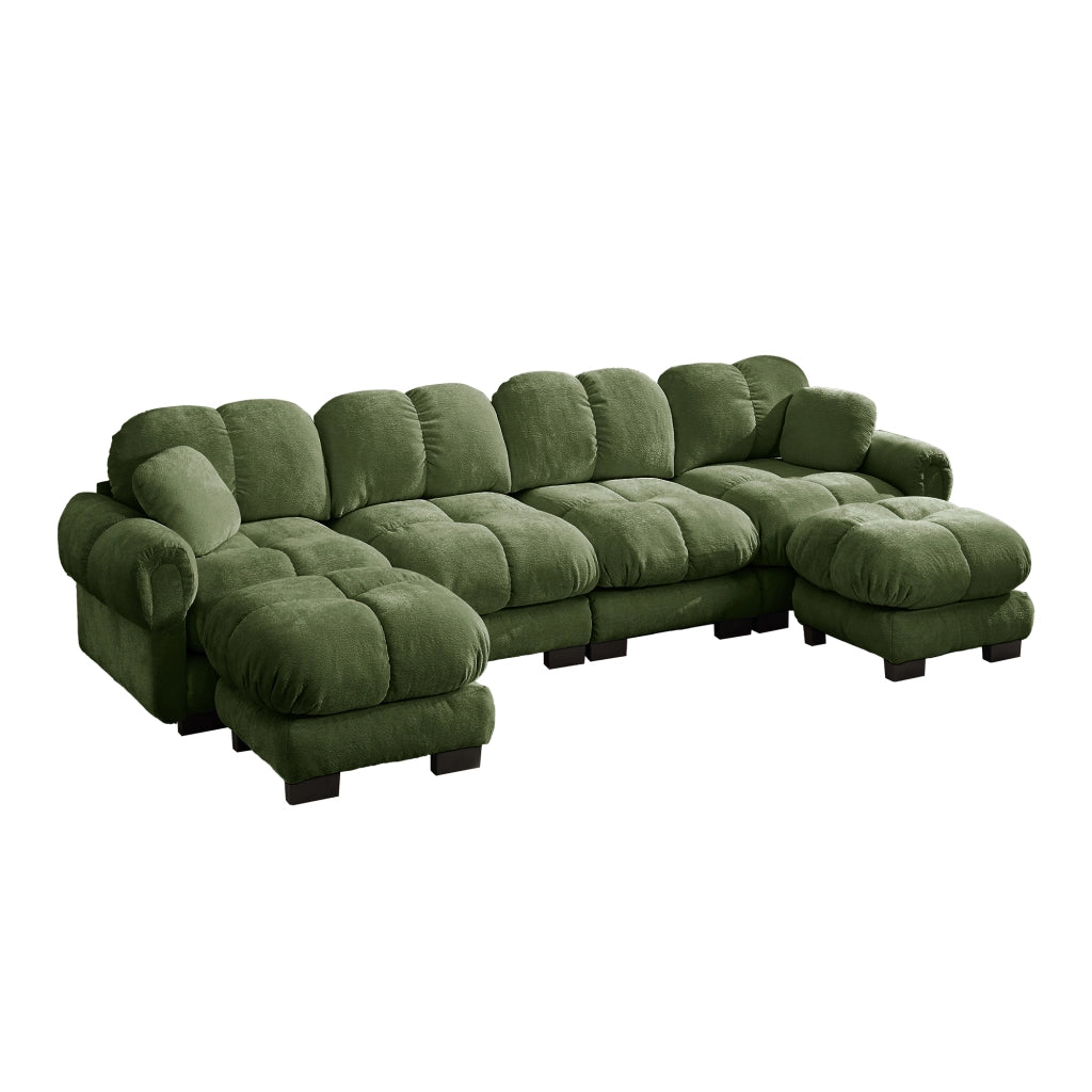Divano panoramico a U modulare con 2 pouf mobili; cuscino lombare e schienale curvo in chenille verde