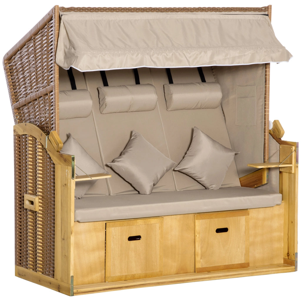 Lettino 3 posti con tetto e tavolini ¨C zephmum ¨C Polyrattan Natur 150x79x160 cm