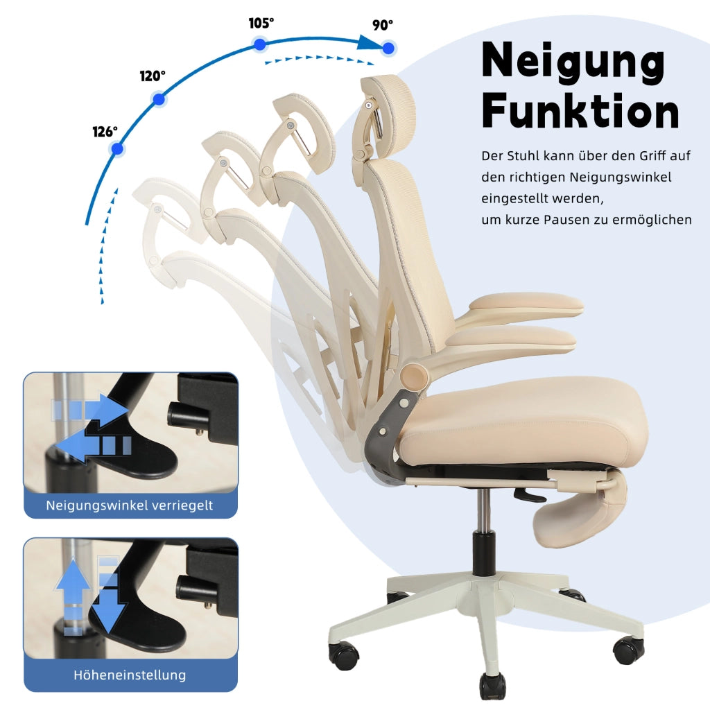 Sedia da ufficio ergonomica pieghevole salvaspazio con poggiatesta 3D, supporto lombare e schienale crema 65 × 61 × 40.5 cm