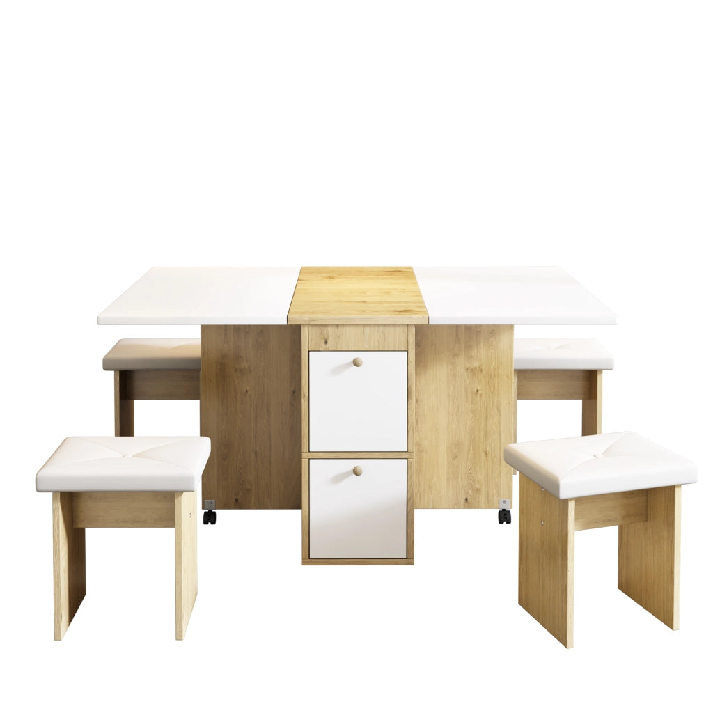 OKWISH Set Tavolo e 4 Sedie da Pranzo Pieghevole e Salvaspazio, Multifunzionale, in Pannello di Particelle Bianco e Rovere