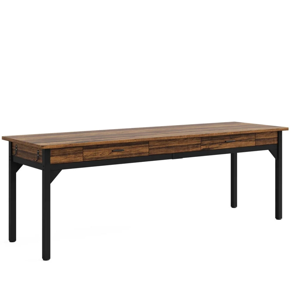 Scrivania doppia ULEVR 200x60x82 cm per 2 persone con 2 cassetti e 2 ganci, nero e marrone rustico