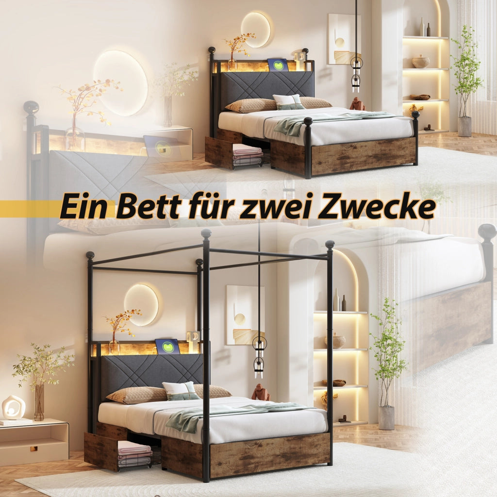 Letto multifunzionale 90x190 cm con baldacchino rimovibile; LED; USB e Type-C; nero