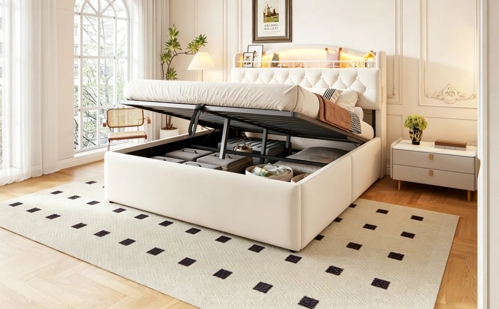 Letto contenitore 140 × 200 cm con sollevamento idraulico, USB e USB-C, vano testiera, senza materasso, beige