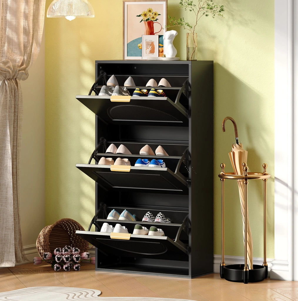 Scarpiera stretta 60x24x114 cm salvaspazio con ribalta; MDF e pannello truciolare nero