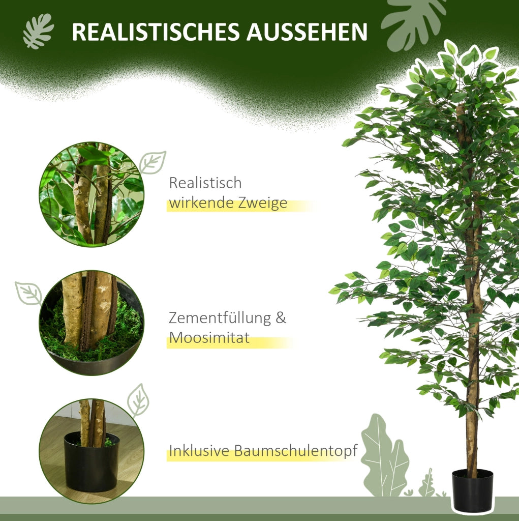 Ficus artificiale realistico con vaso in cemento, altezza 180 cm, verde