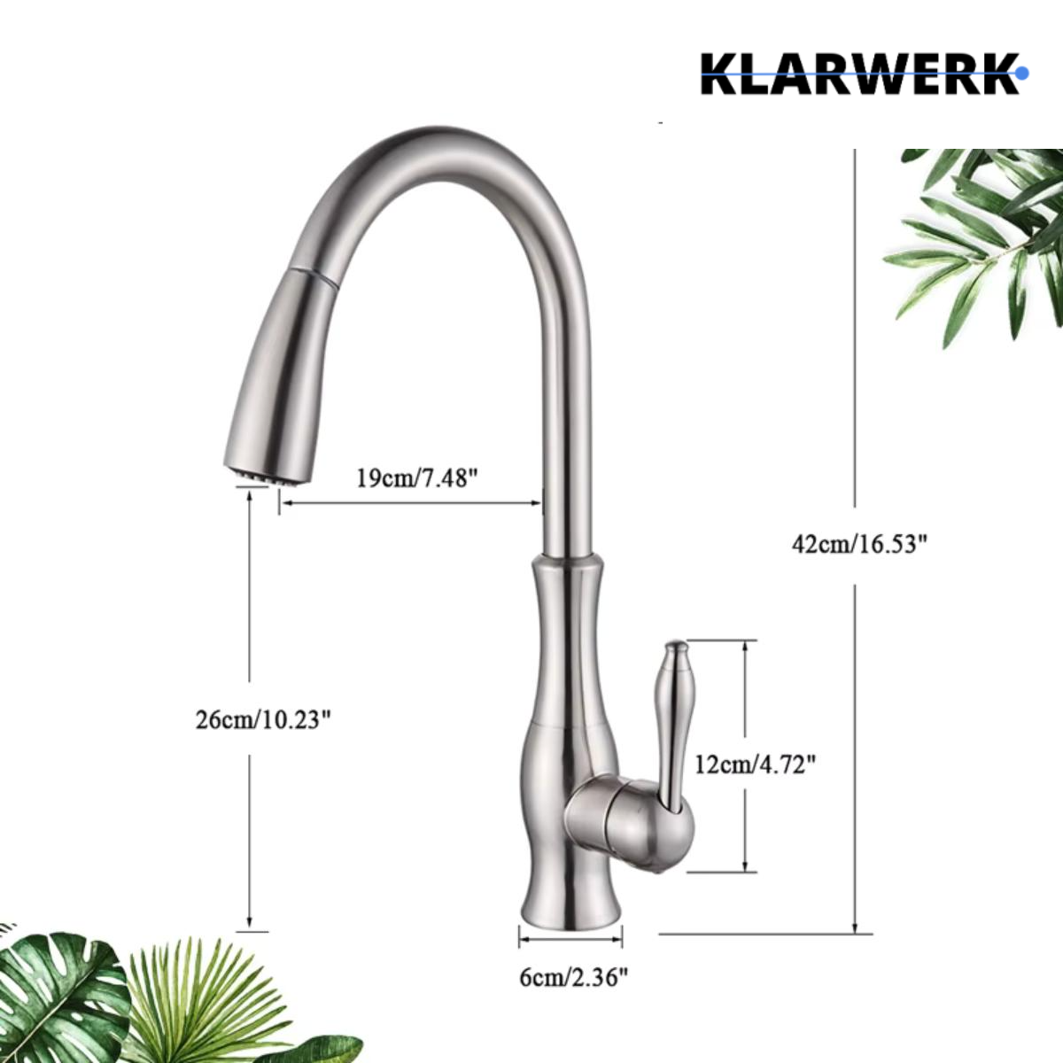 NAVIS | Elegante rubinetto cucina estraibile in acciaio inox argento, arco alto, miscelatore di lusso, alta pressione, 360°, 2 attacchi