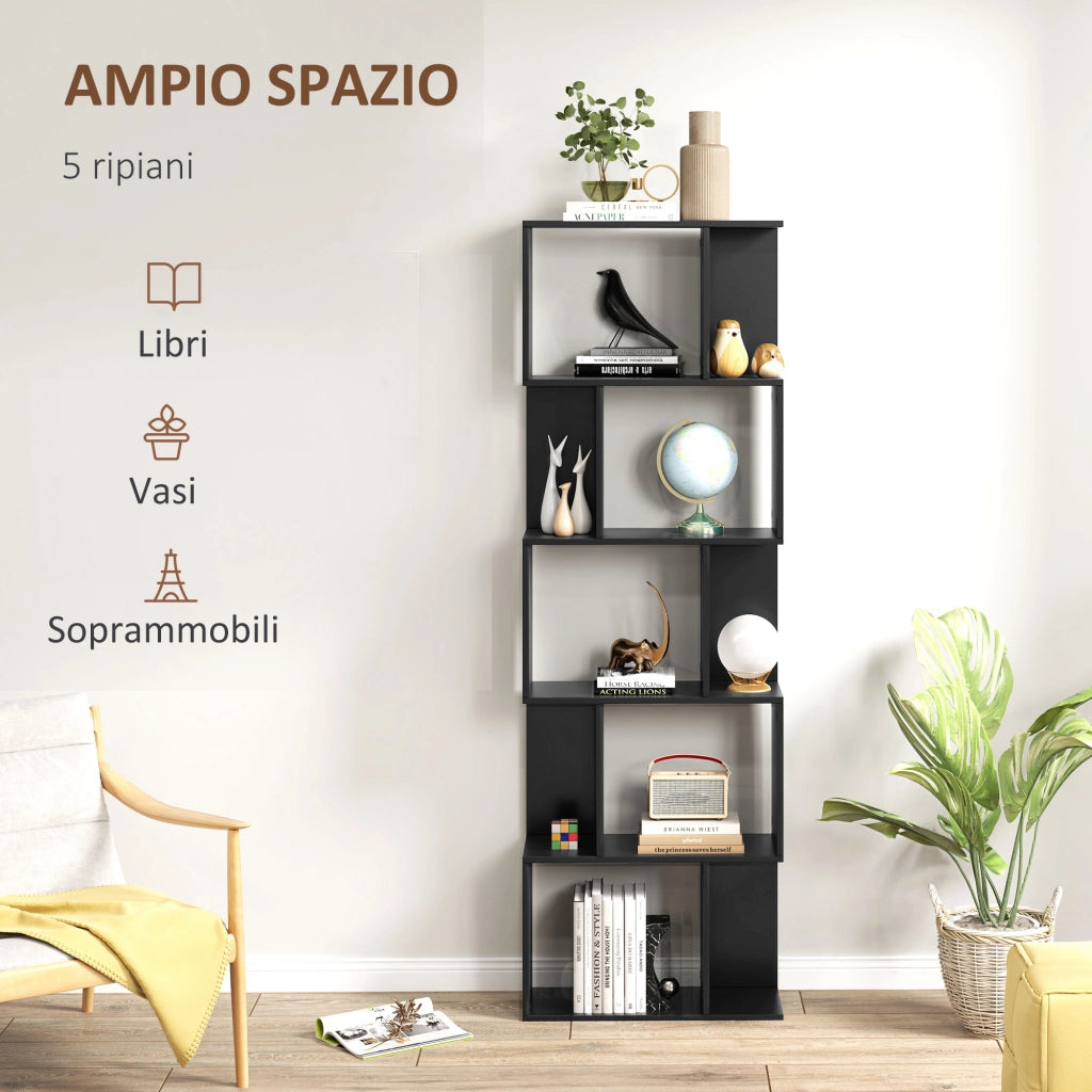 Libreria in Legno 5 Ripiani Design Moderno ¨C zephmum ¨C Nero 60x24x184.5 cm