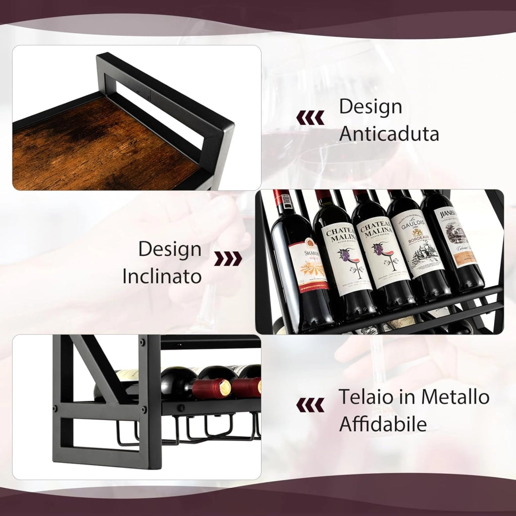 Portabottiglie da Parete, Scaffale Espositivo per Vino Industriale con Portabottiglie a 2 Livelli per 10 Bottiglie, Portabottiglie da Parete Salvaspazio per Cucina, Soggiorno, Sala da Pranzo