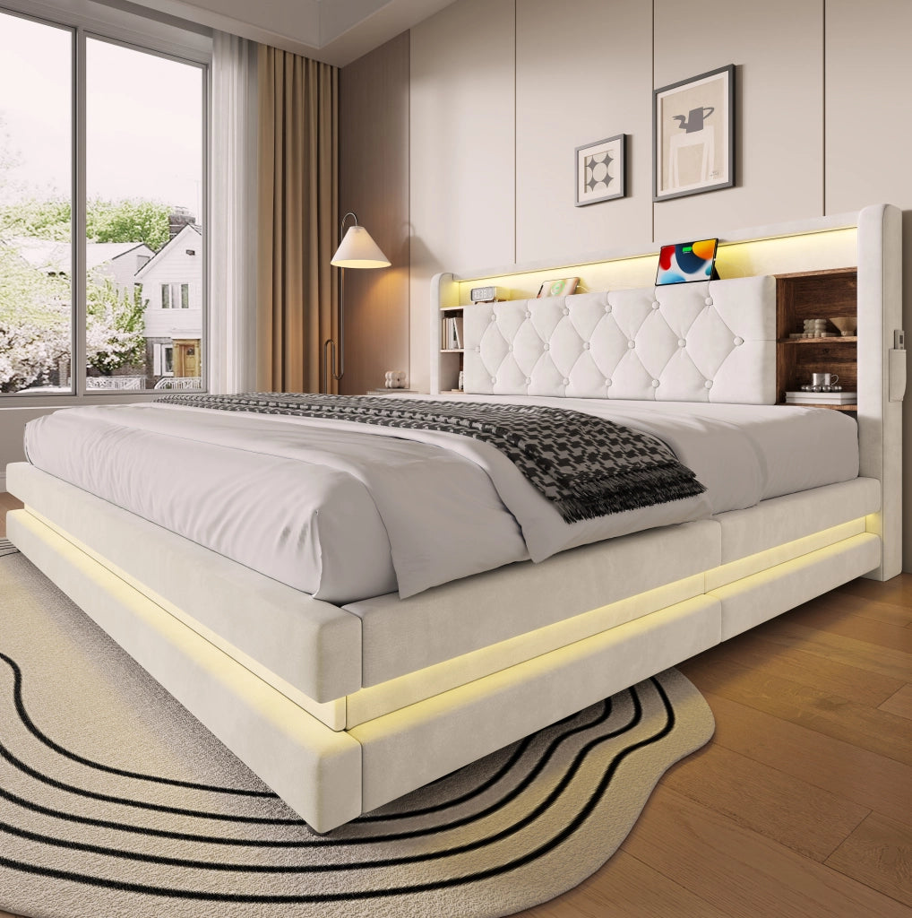 Letto contenitore imbottito 180x200 cm in velluto beige con testiera multifunzionale, LED, USB e tipo C