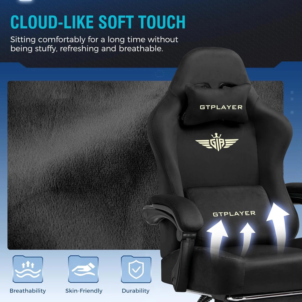 Sedia da gioco in tessuto,ergonomica per computer,con poggiapiedi e supporto lombare, regolabile in altezza,per casa e ufficio,con sedile girevole a 360° e poggiatesta,carico 180 kg (nero)