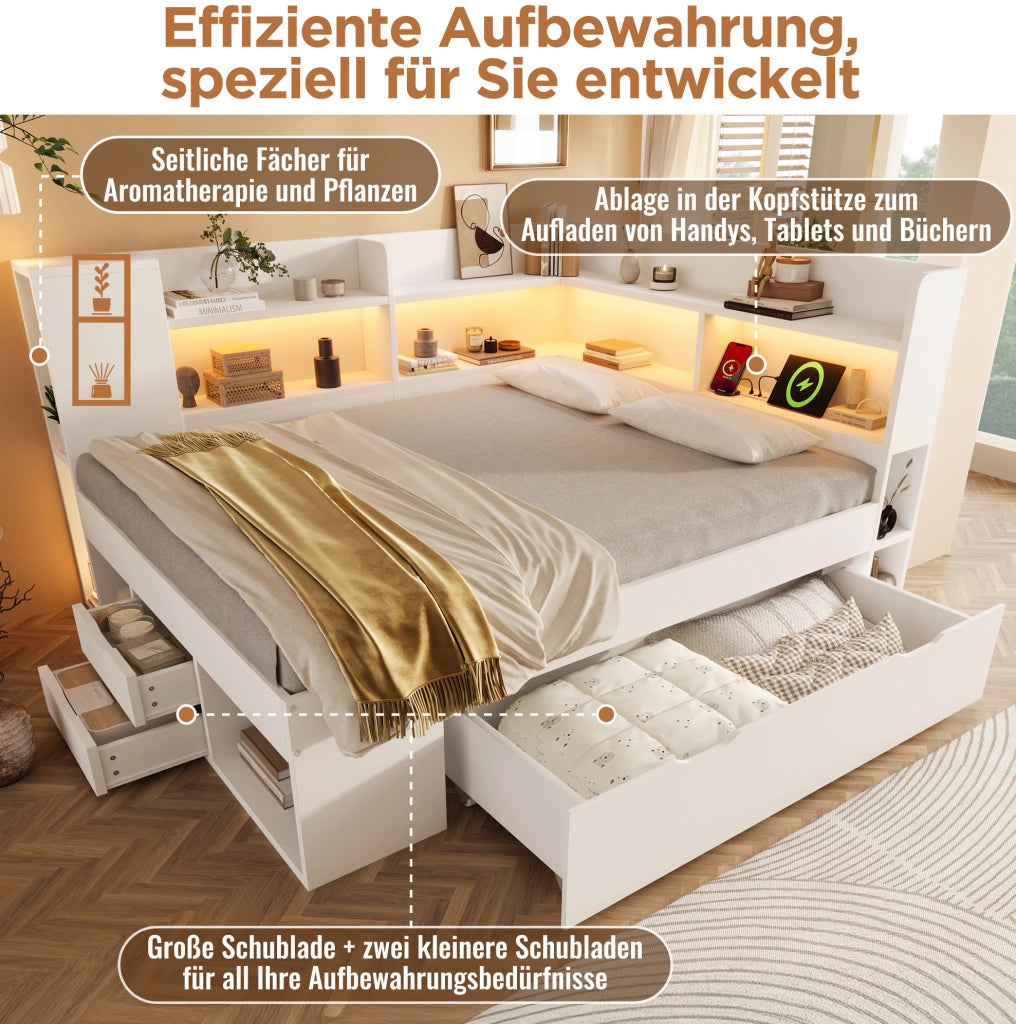 Letto singolo 90x200 cm con LED; USB e USB-C; cassetti e ripiani in MDF; bianco