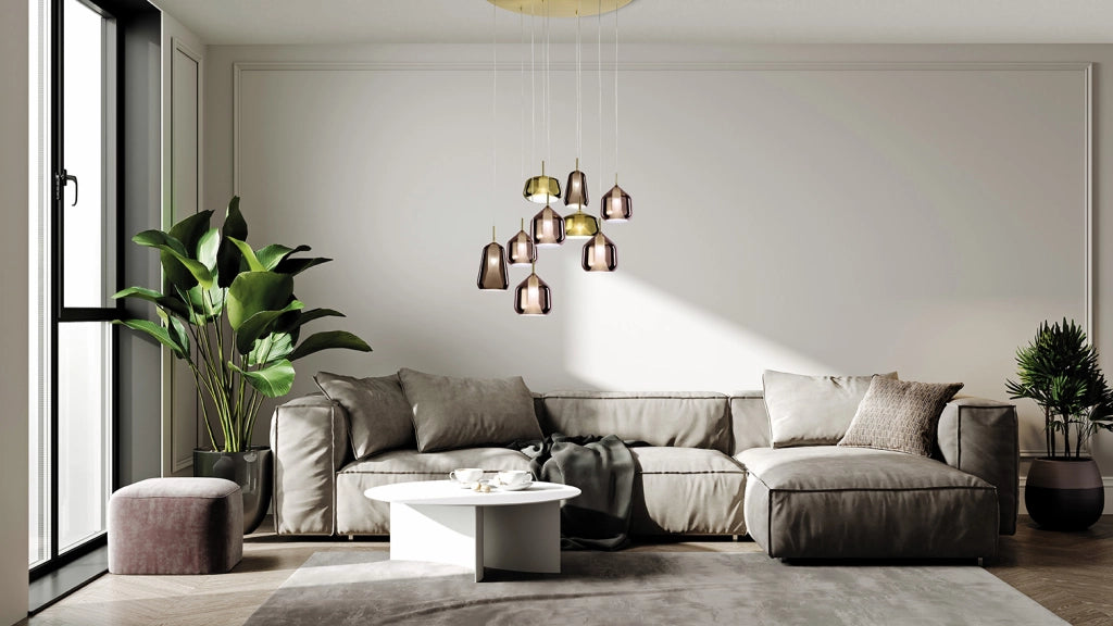 X-RAY SOSPENSIONE RETTANGOLARE 9 LUCI VETRI 2 BRONZO, 5 RAME, 2 ORO MONTATURA ORO ATTACCO G9