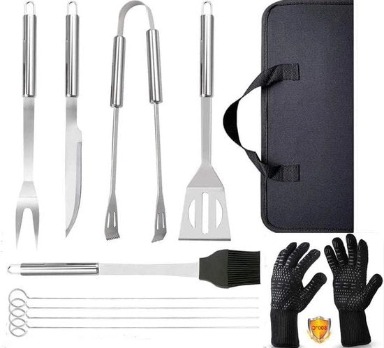 Kit di barbecue a 9 pezzi - Manopole per barbecue - Resistente al calore fino a 800°C - Acciaio inossidabile - Set di accessori per griglia - Tasca portatile - Grilling per campeggio - Barbecue per cucina - Kit per camino a legna