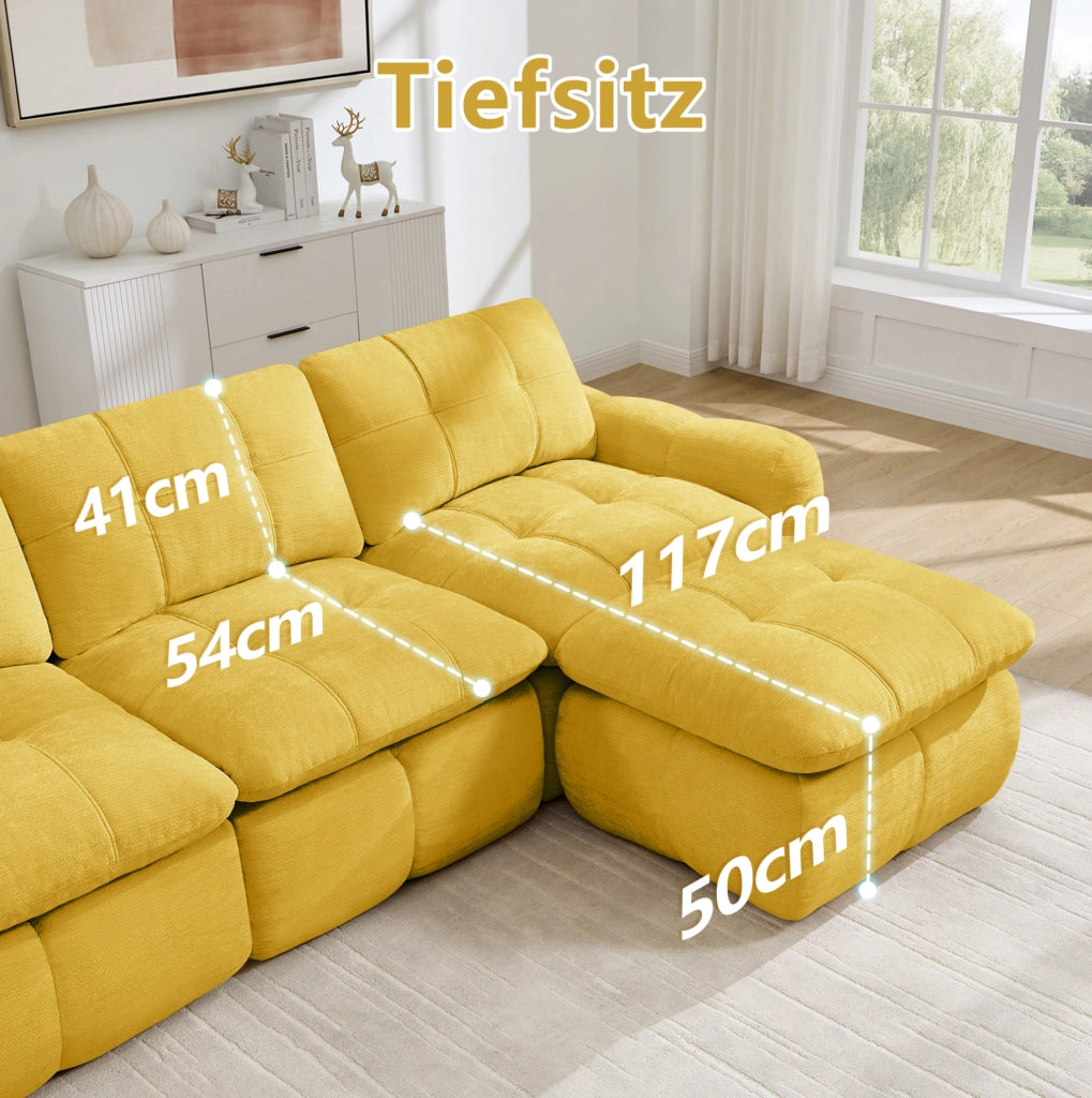 DIVANO Modulare 334x160 cm in Chenille Giallo con Ottomana