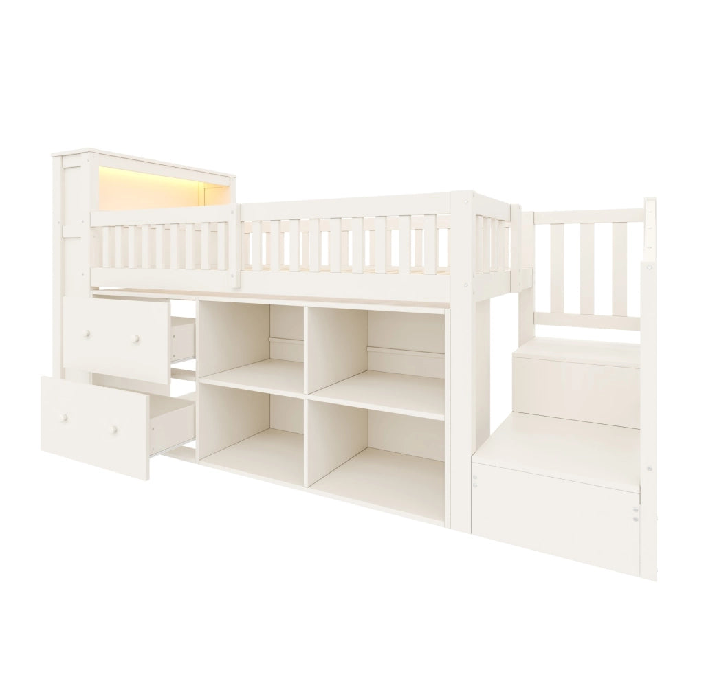 LETTO Semialto 90x200 cm con Scrivania, Ripiani, LED e USB Bianco