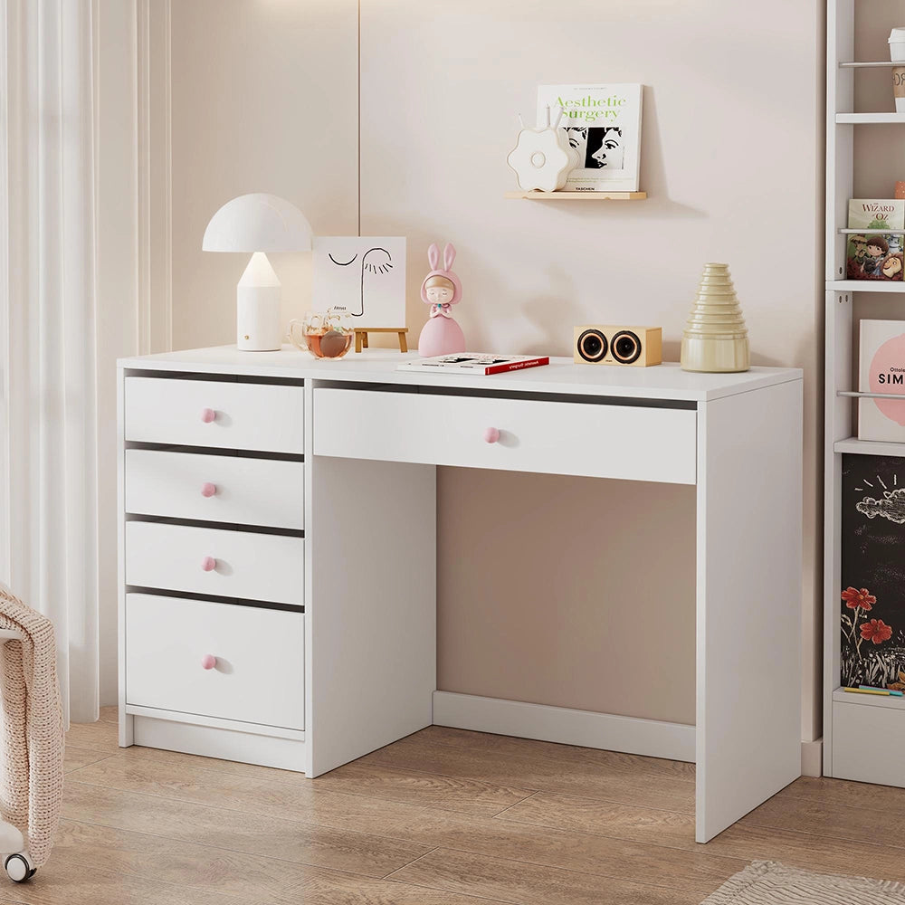 Scrivania bambini - Xylo - 5 cassetti, maniglie rosa, 120×45×74 cm