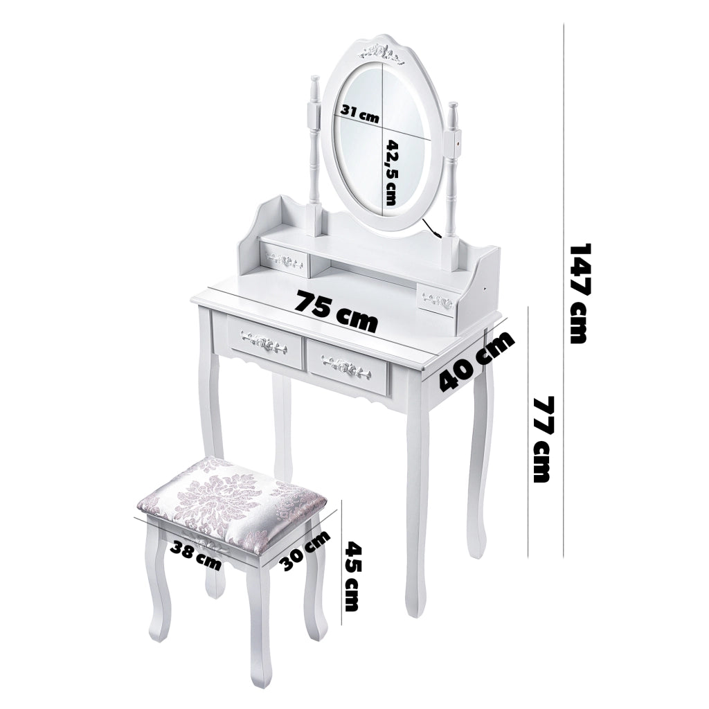 Tavolo da trucco KADAX con specchio e sgabello, bianco, 75x147 cm