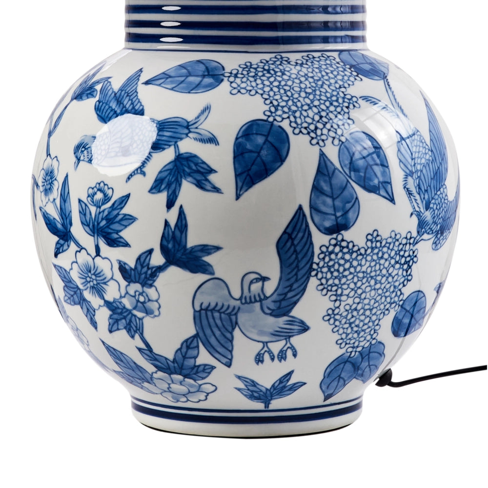 Lampada da tavolo Base in porcellana bianca e blu Paralume a campana in lino con patten floreale Illuminazione elegante