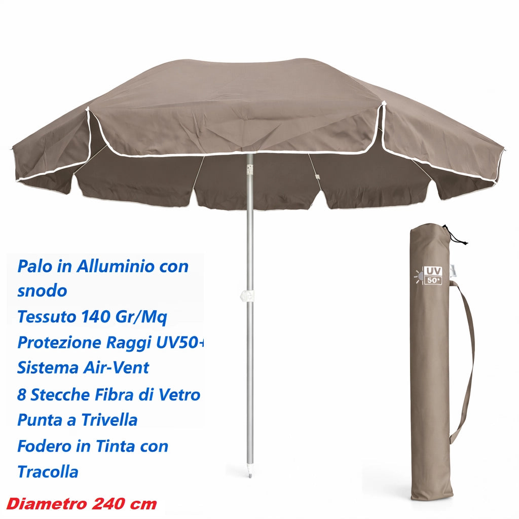 Ombrellone Mare Spiaggia 240 cm Antivento Alluminio UV50+ Inclinabile con Custodia e Trivella