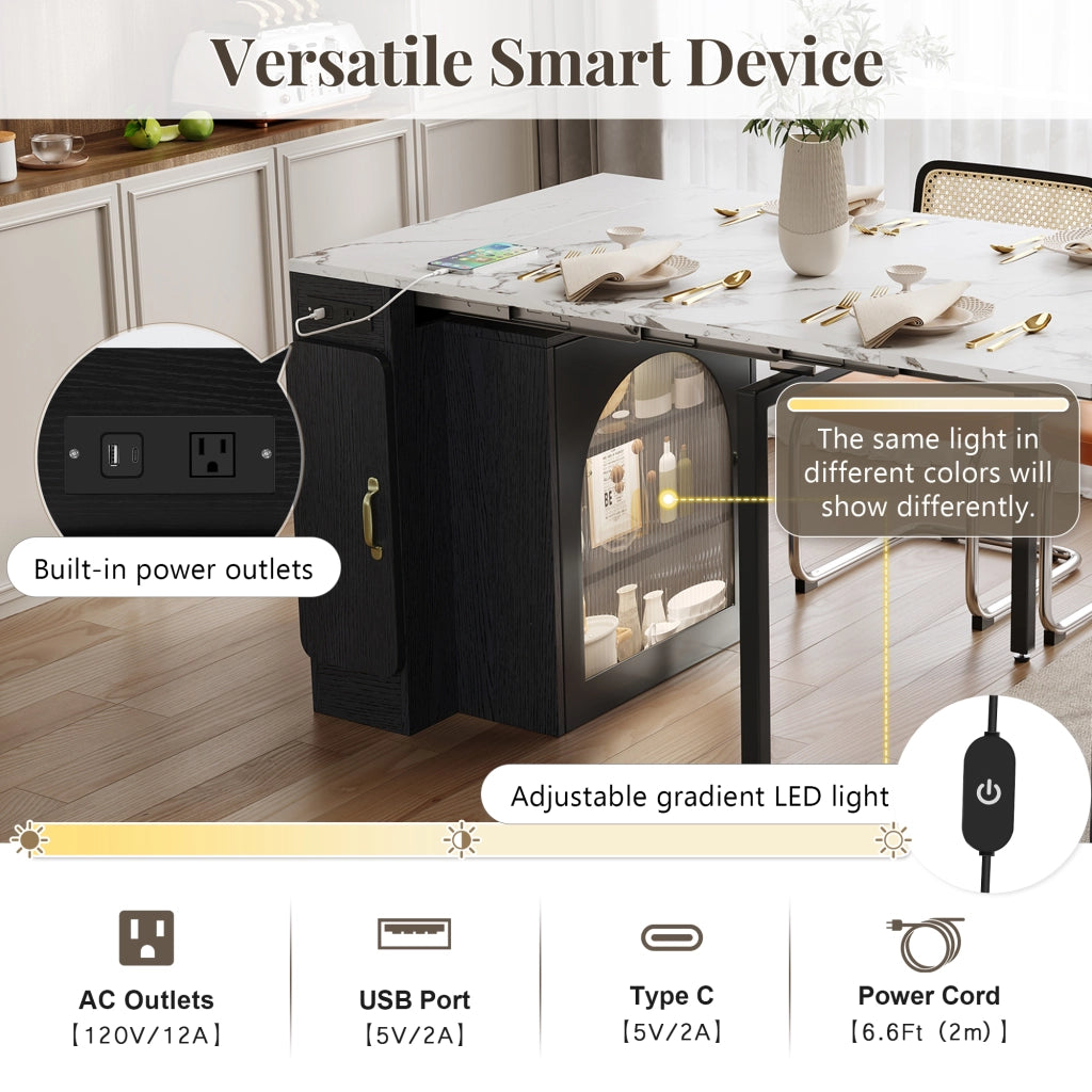 Carrello da cucina con Tavolo allungabile; 3 Scomparti; Ruote; LED e Presa; MDF Vetro; Bianco Nero