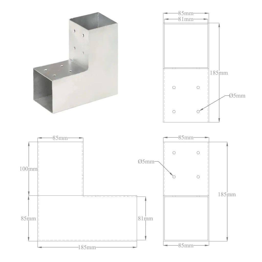 Connettori per Pali a Forma di L 4 pz Metallo Zincato 81x81 mm cod mxl 56354