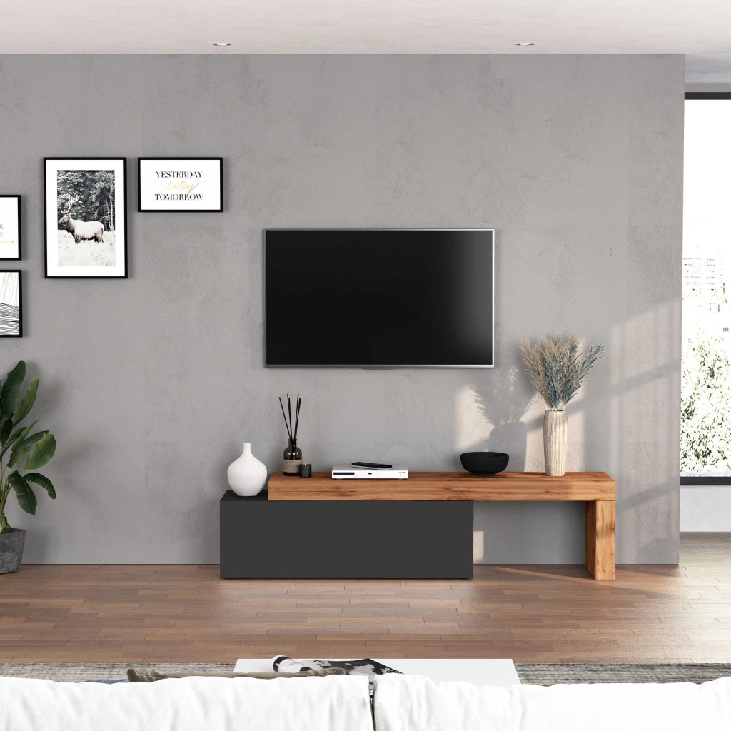 WHOUS Mobile porta tv Chronos estensibile con 1 anta a ribalta antracite/rovere 180/290x40x51 cm
