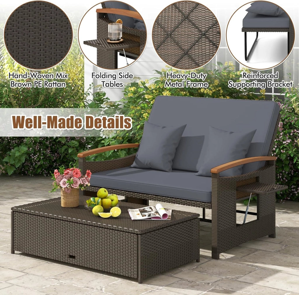Divano da Giardino in Rattan a 2 Posti con Funzione Allungata, Set di Mobili in Rattan con Sgabello, Doppia Sedia a Sdraio per 2 Persone, 3 Colori (Cuscino Grigio)