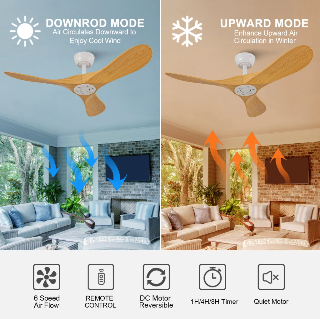 Ventilatore da soffitto 42 pollici senza luce con telecomando; 3 pale ABS; bianco e naturale