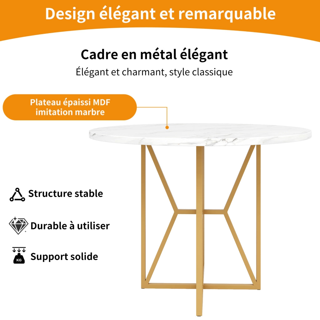 Tavolo da pranzo rotondo con piano in MDF effetto marmo e gambe in metallo regolabili per soggiorno, oro, 80 × 80 × 76 cm