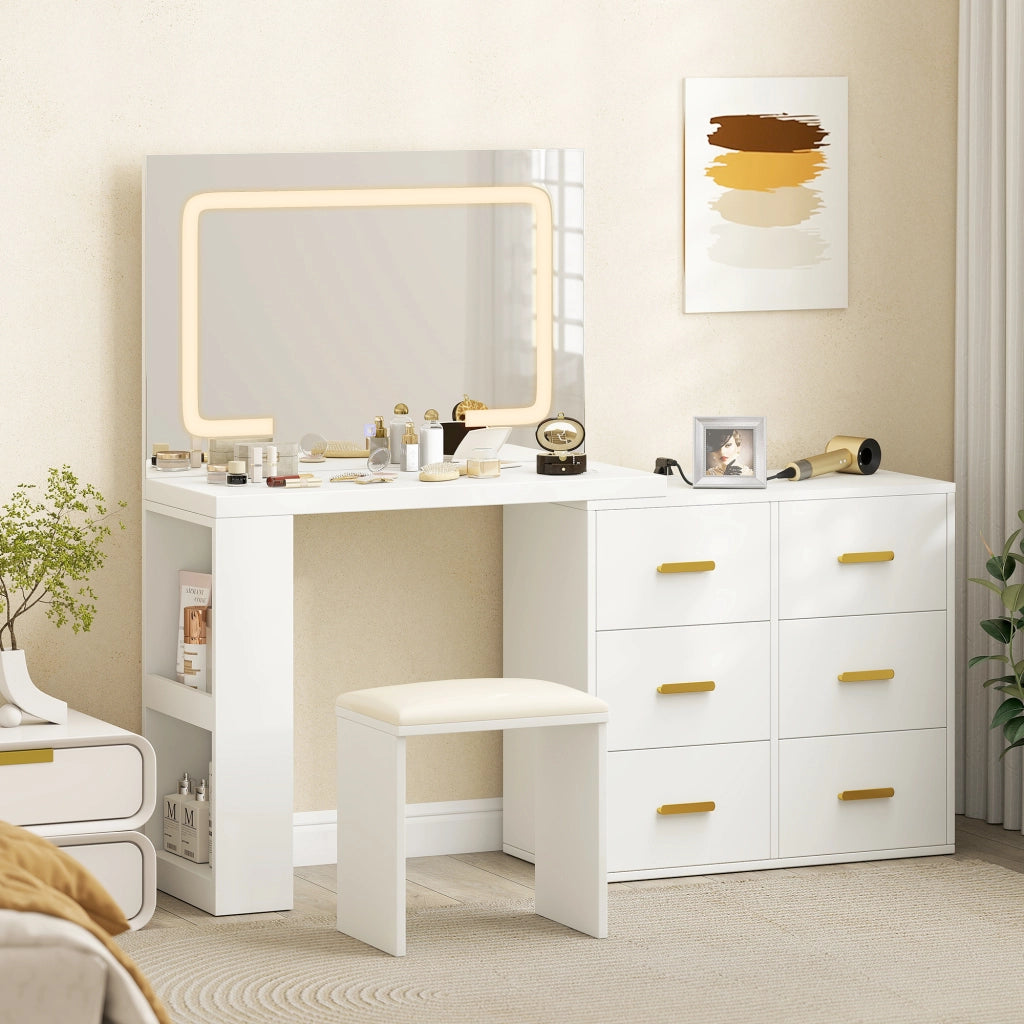 Scrivania trucco con specchio e sgabello, 6 cassetti, illuminazione LED regolabile ¨C zephmum ¨C bianco, 118x78x135 cm