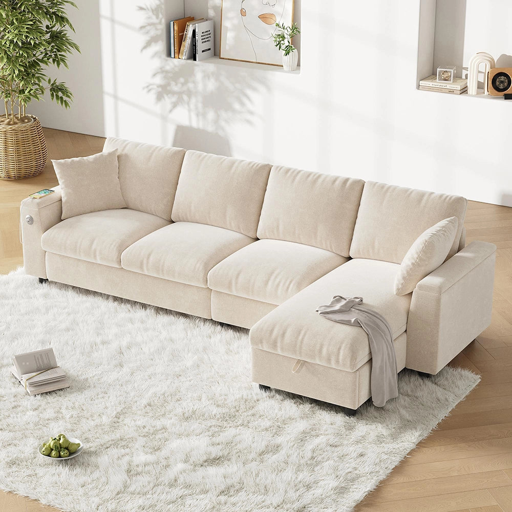 Divano angolare in L - Xylo - Chenille, USB-C, tavolo ribaltabile, beige